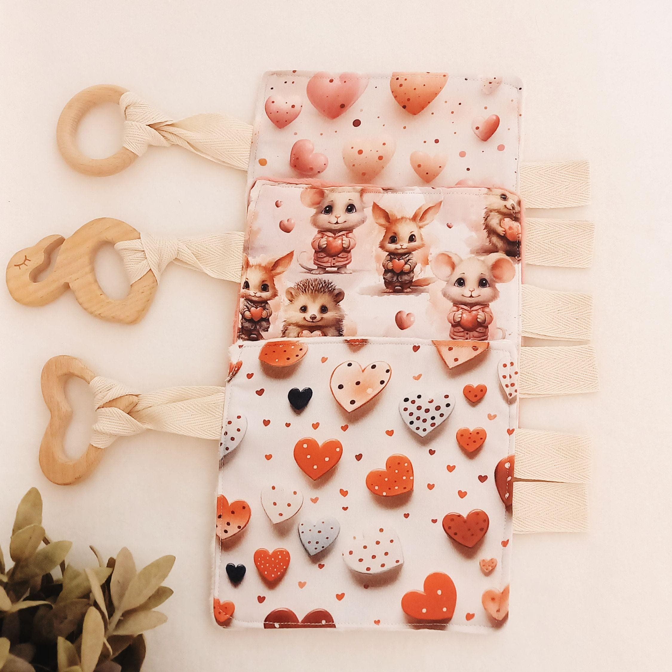 Manta arrugada personalizada con etiquetas para bebé, juguete sensorial Montessori, regalo suave para recién nacido, manta de dentición, regalo de baby shower con corazón para bebé